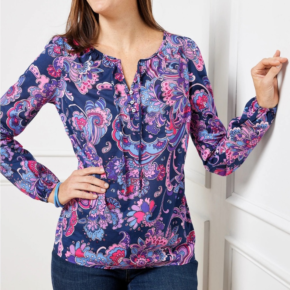 NWT Talbots GATHERED TIE NECK TOP - SWIRL FLORAL